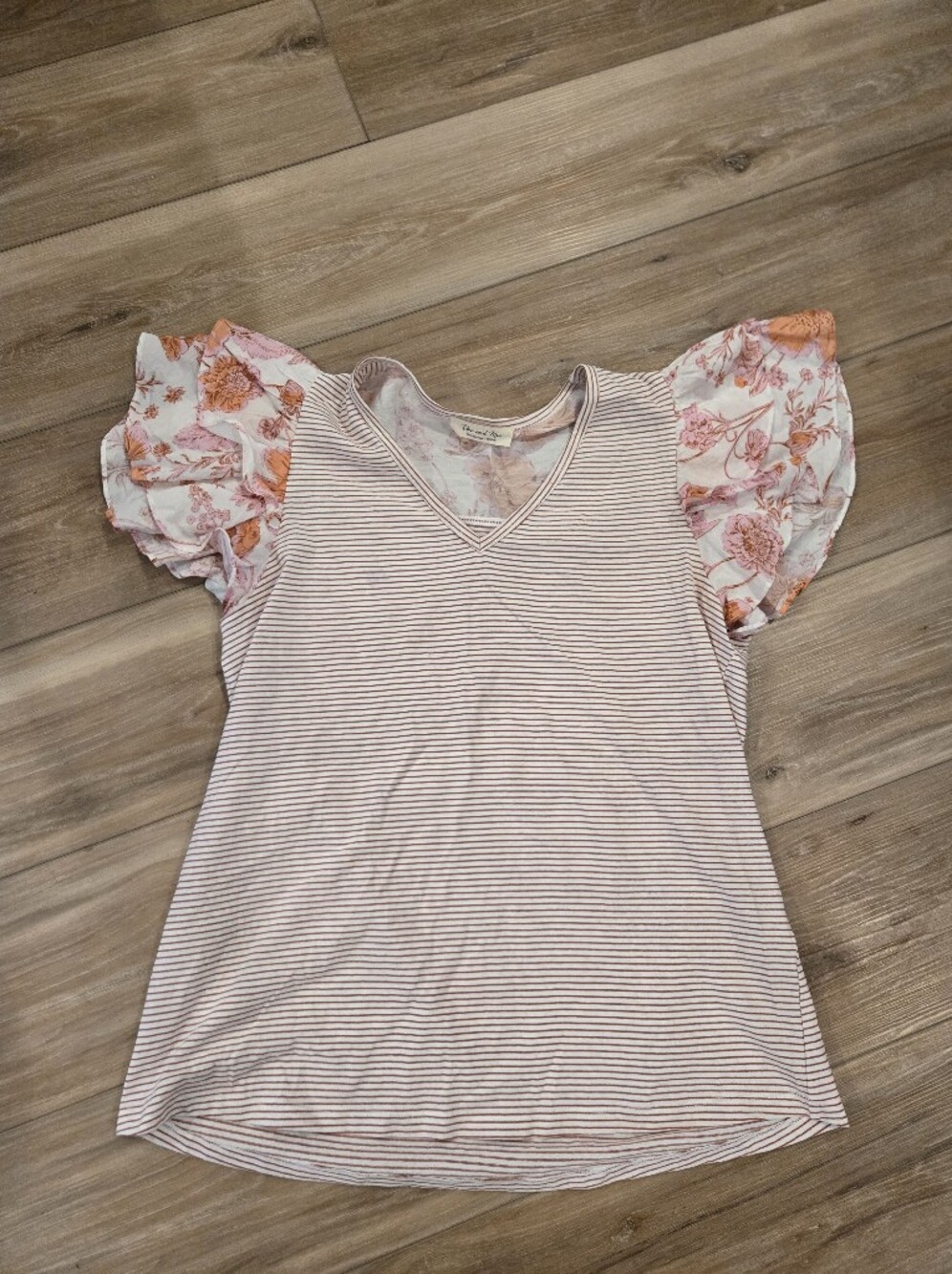 Doe & Rae Pink Striped Tee with Floral Puff Sleeves